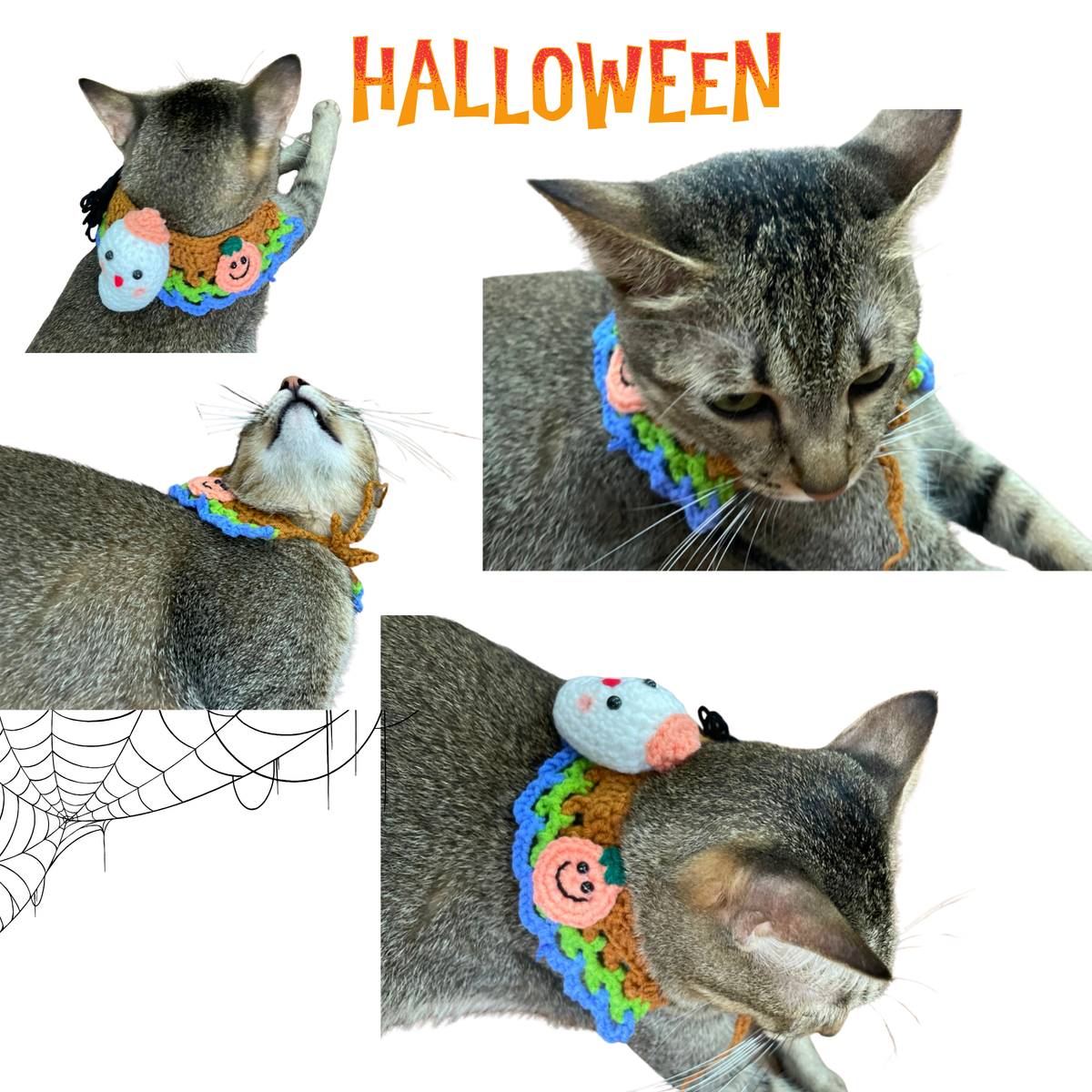 Handmade knitted Halloween-themed spooky bib for pets