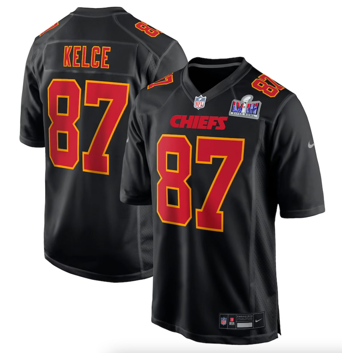 Men's Kansas City Chiefs Travis Kelce Nike Black Super Bowl LVIII Carbon Fashion Game Player Jersey