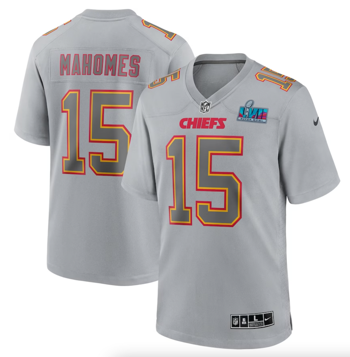 Men's Kansas City Chiefs Patrick Mahomes Nike Gray Super Bowl LVII (2022 Season) Patch Atmosphere Fashion Game Jersey