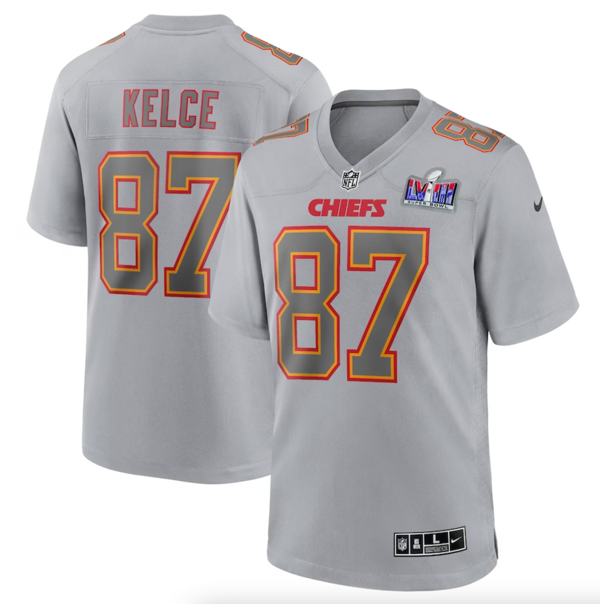 Men's Kansas City Chiefs Travis Kelce Nike Gray Super Bowl LVIII Atmosphere Fashion Game Jersey