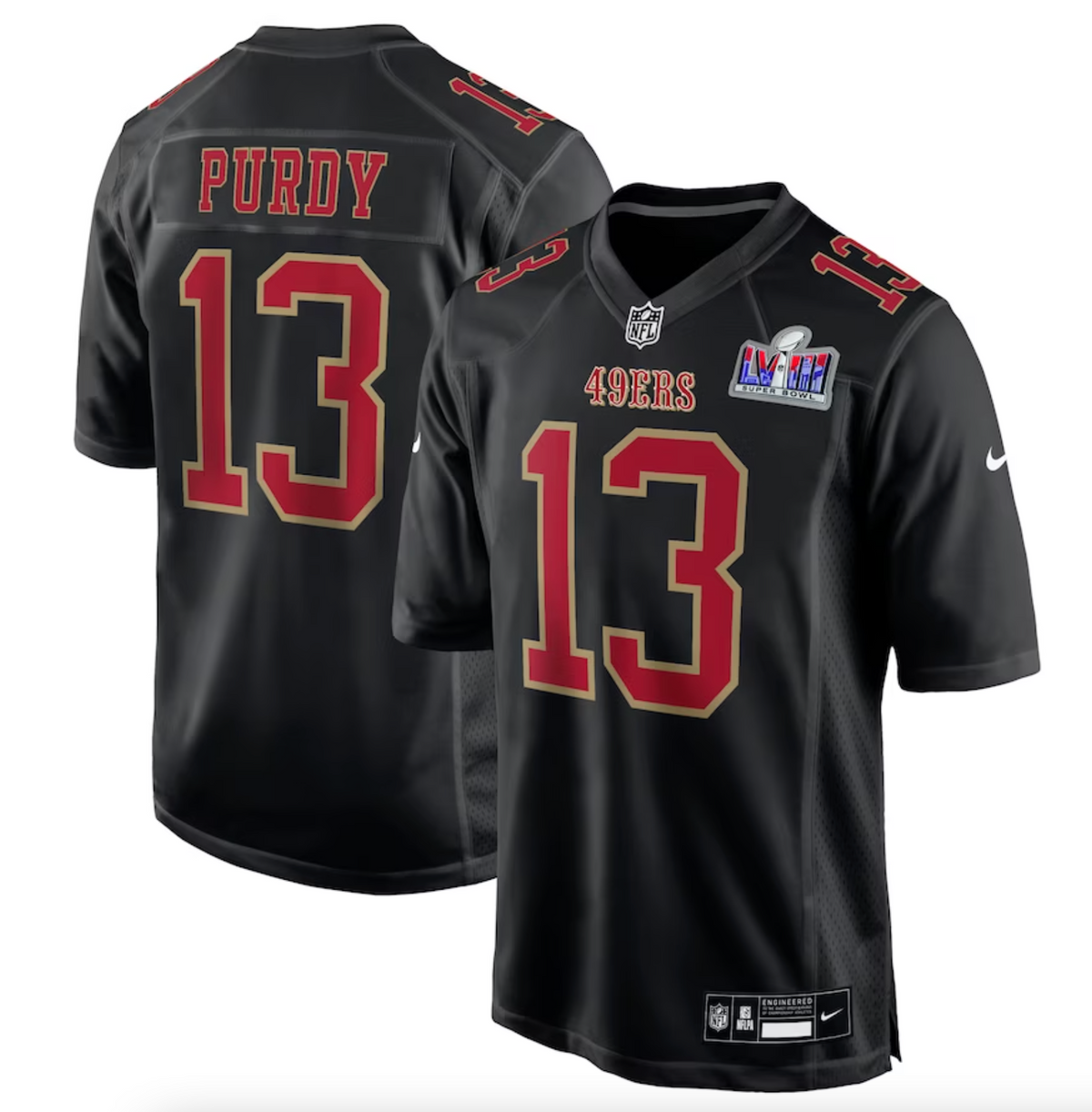 Men's San Francisco 49ers Brock Purdy Nike Black Super Bowl LVIII Carbon Fashion Game Player Jersey