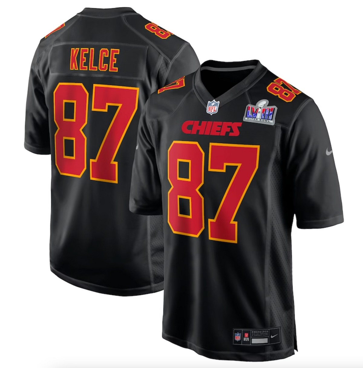 Men's Kansas City Chiefs Travis Kelce Nike Black Super Bowl LVIII Carbon Fashion Game Player Jersey