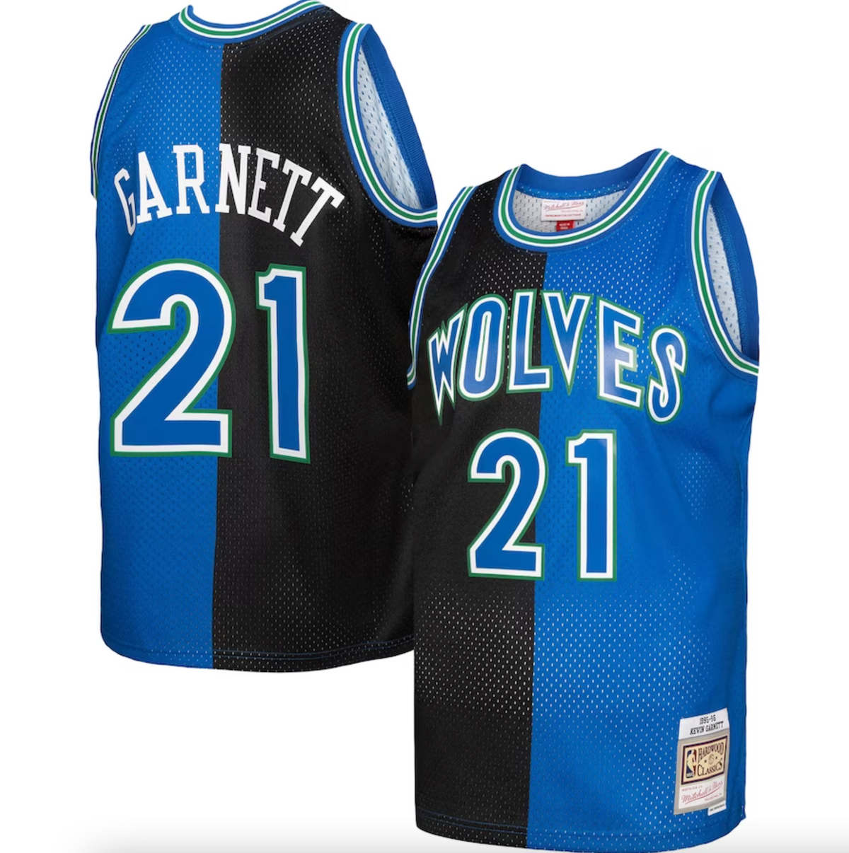 Men's Mitchell & Ness Kevin Garnett Black/Blue Minnesota Timberwolves Hardwood Classics 1995/96 Split Swingman Jersey