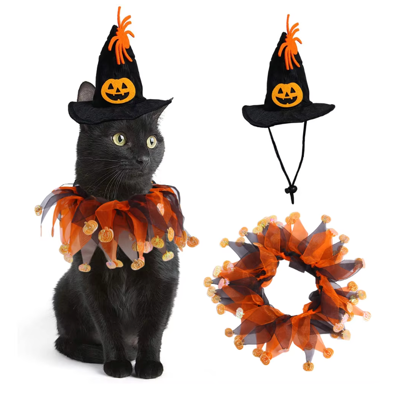 1 Set Halloween Cat Costumes Pumpkin Cute Cat Hat Scarf Clothes for Small Dogs Pet Cosplay Prop