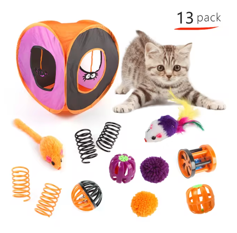 Cat Tunnel Toy Set Halloween Cat Feather Wand Ball Mice Folding Square Tunnel Kit for Pet Hide And Seek Interactive Kitten Toys