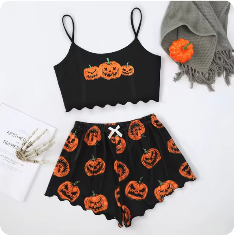 Women's 2pcs Cute Soft Comfy Christmas Pyjama Set Skull Pumpkin Alien Ghost PrintTank Top & Bow Front Shorts Sleepwear Set