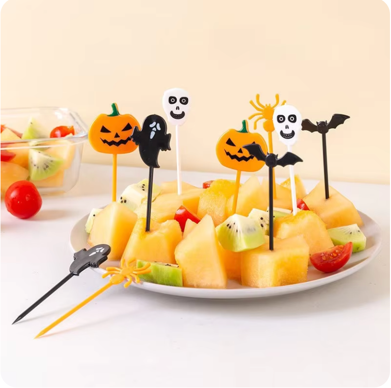 10PCS Plastic Halloween Toothpicks Halloween Cupcake Topper Ghost Bat Spider Fruit Toothpicks Halloween Party Cake Decorations