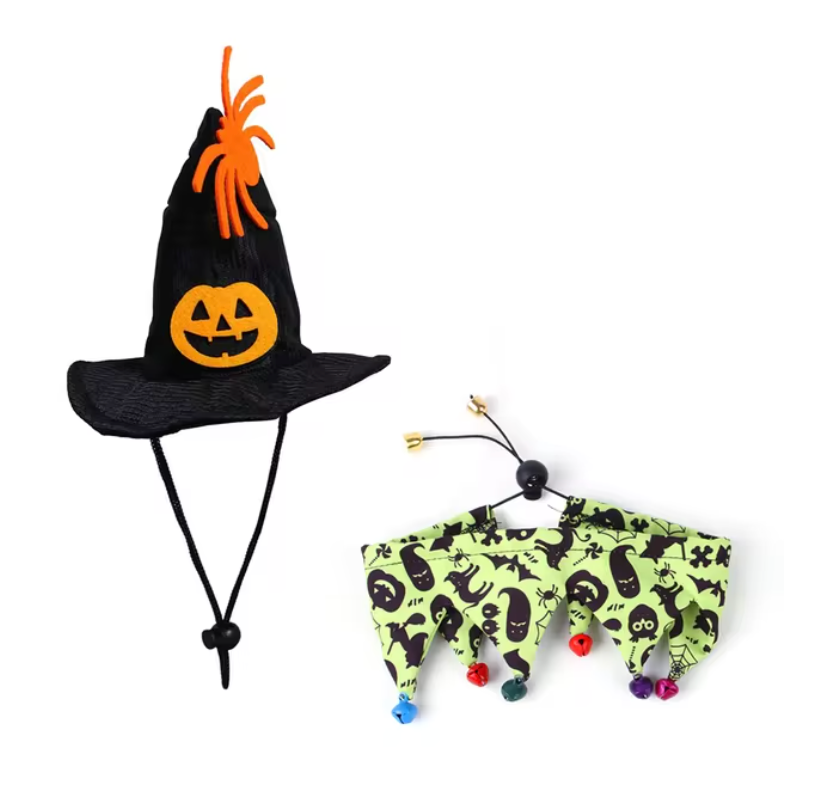 ATUBAN Cat Halloween Costume-Halloween Cat Collar with Bells and Halloween Pumpkin Hat Cat Costume Suit for Cats and Small Dogs